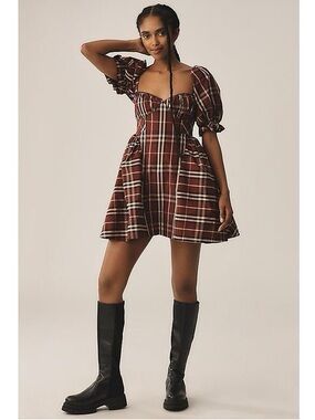 Anthropologie Mauve Burgandy tartan plaid puff sleeve mini dress  sz  Med NWT